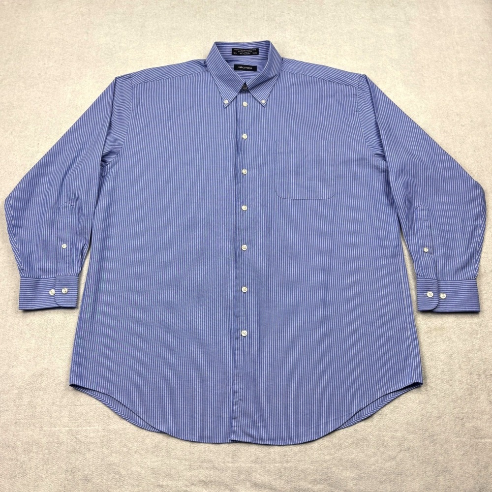 VTG Nautica Shirt Mens 16.5 32 33 Blue White Stripe Button Down Hong Kong